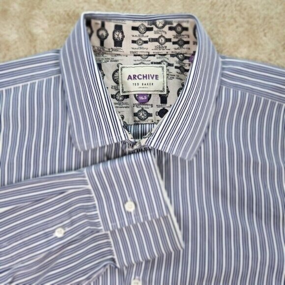 Ted Baker Archive Dress Shirt Blue White Striped Long Sleeve Men's Size 16.5 - Picture 1 of 10